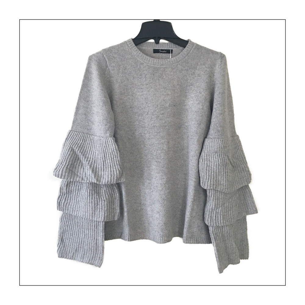 Gray Tiered Ruffled Bell Sleeve Sweater - Picture 3 of 3
